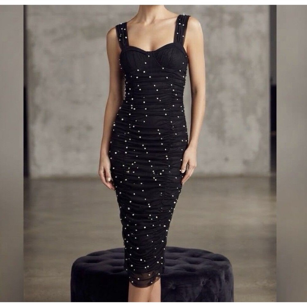 The Limelight Collection by Francesca’s Black Sheer Pearls Ruched Mini Dress XS